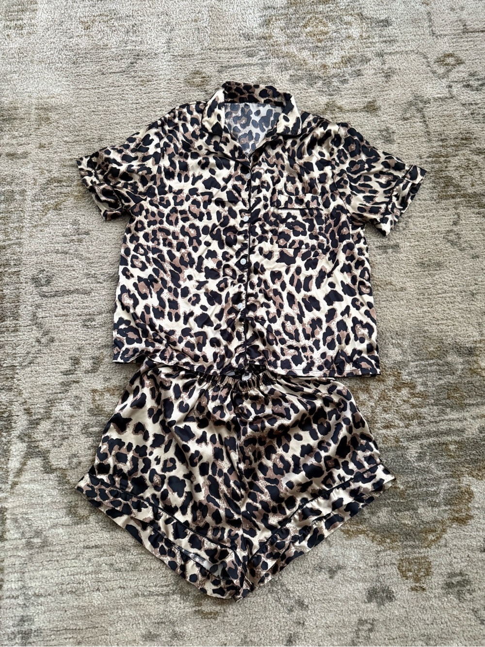 Leopard Print Satin Pajama Set - Beige Black Brown
